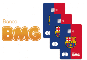 logo da BMG e tres cartões do barcelona cartão Barcelona BMG