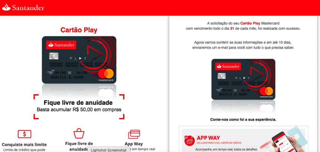 limite do cartão de crédito Santander Play